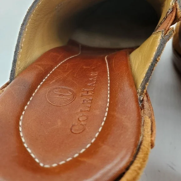 Cole Haan Tan Suede & Brown Leather Gold Buckle Strap Slide-On Mid Heel Mules - Picture 13 of 15